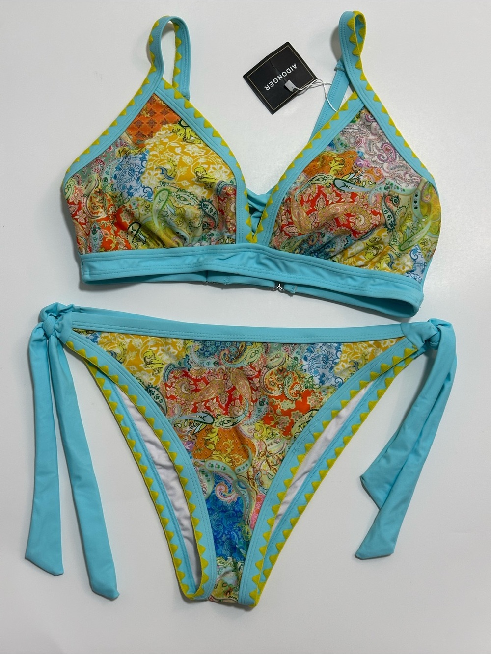 AIDENCOVER Turquoise Paisley Tie-Side Bikini Set